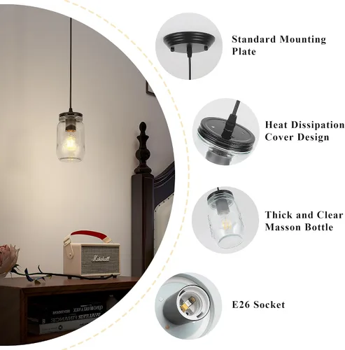 Vista 5 de Luces colgantes de cristal para isla de cocina, 1 luz negra colgante con pantalla de vidrio, lámpara colgante de tarro de masón