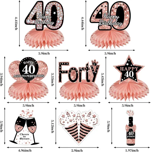 Vista 3 de Turypaty Kit de 34 piezas de decoración de cumpleaños 40 para mujer, globos de feliz cumpleaños de 40 años de oro rosa, centro de mesa, kit