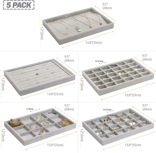 Vista 2 de DIOMMELL Paquete de 5 bandejas apilables de terciopelo para joyas caja de almacenamiento de joyería soporte de vitrina organizador de cajones