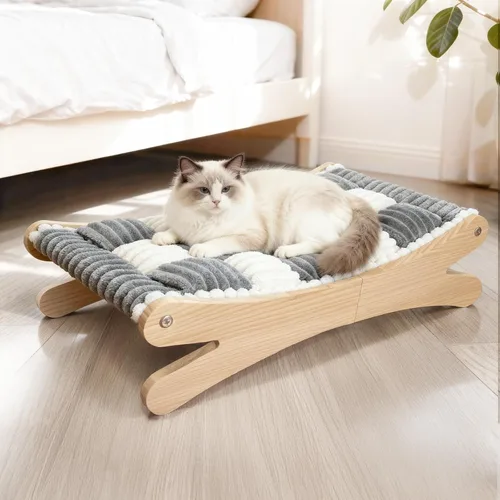 Vista 2 de Cama elevada de felpa para gatos, acogedora hamaca elevada para gatos con marco de madera maciza, cojín suave y peludo para gatos