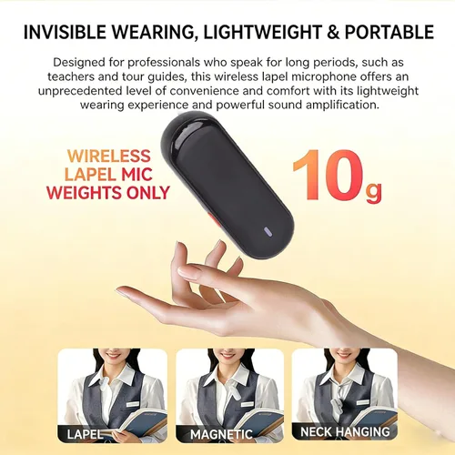 Vista 5 de Amplificador de voz inalámbrico, micrófono Lavalier Bluetooth con chip de reducción de ruido y magnético, para aula de enseñanza, reuniones y Negro