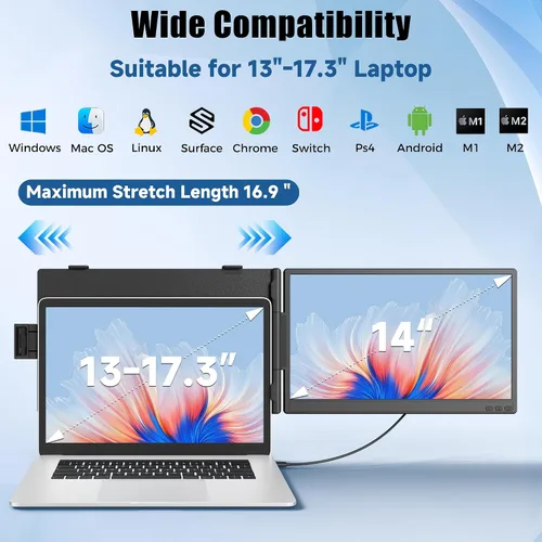 Vista 3 de Extensor de pantalla para laptop de 14 pulgadas, monitor portátil para portátiles de 13 a 17.3 pulgadas, monitor de pantalla dual 1080P FHD IPS