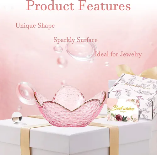 Vista 8 de Regalos para mujeres, plato para baratijas con flores, plato para joyería de vidrio rosa, soporte para anillos, bandeja de joyería, decoración