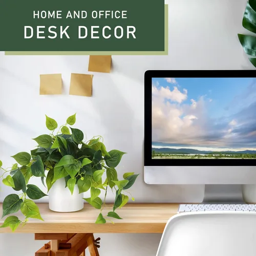 Vista 3 de Planta sintética en maceta, plantas decorativas de Pothos falsos con maceta de cerámica blanca para estante de escritorio, baño, decoración de sala