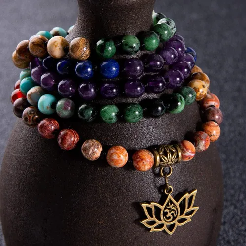 Vista 6 de Bivei 7 Chakra 108 Mala Beads Bracelet Real Gemstone Yoga Meditation Hand Knotted Mala Prayer Bead Necklace