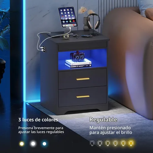 Vista 5 de 2 Set LED Nightstand with Charger Station & Gun Drawer & Auto Sensor, Black Negro juego de 2