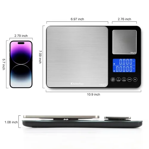 Vista 7 de KitchenTour - Báscula digital de alimentos para cocina, 0.001 oz/33 libras, doble plataforma, báscula de cocina inteligente de precisión