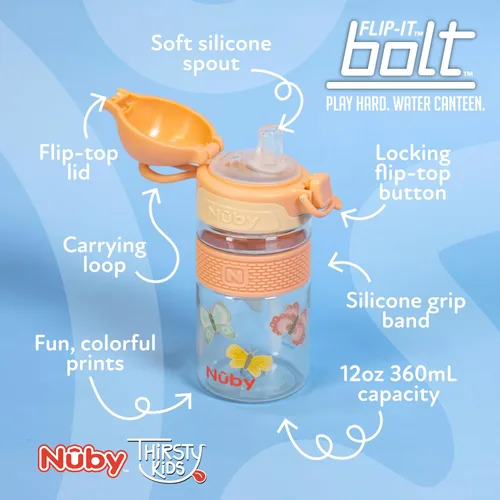 Vista 2 de Nuby Thirsty Kids Flip-it Bolt - Taza infantil Tapa abatible con cierre de botón - Boquilla de silicona de flujo libre y base duradera - Mariposas