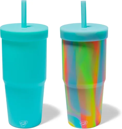 Vista 12 de Silipint: Vasos de silicona con pajita de 32 onzas: paquete de 2 vasos Moon Beam – Vaso irrompible reutilizable, flexible, sostenible