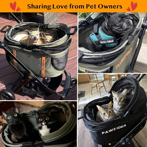 Vista 9 de PAWZIDEA Carriola de mascotas 4 en 1, Carriola de gatos con portaequipaje desmontable y dosel sin cremallera, jaula portátil para perros