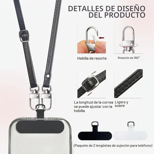 Vista 3 de Correa cruzada para teléfono con 2 almohadillas, cuero y correa de dedo ajustable, compatible con la mayoría de teléfonos inteligentes (negro)