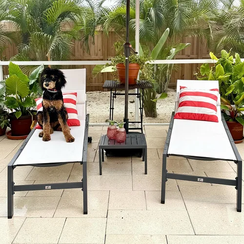 Vista 14 de PURPLE LEAF Juego de sillas de lounge al aire libre de gran tamaño de 3 piezas para patio, tumbona para piscina, estructura de aluminio con mesa