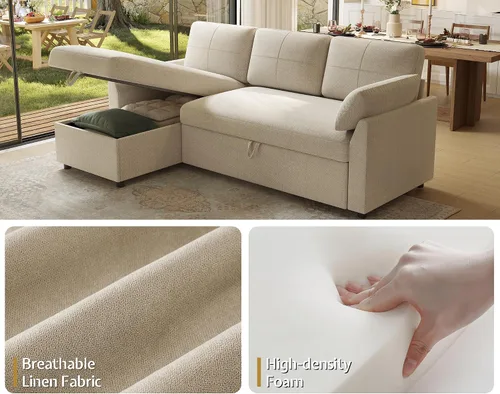 Vista 5 de AMERLIFE Sofá cama, sofá cama 2 en 1 con diván de almacenamiento, sofá extraíble para sala de estar de apartamento, color beige lino