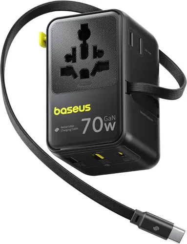 Vista 10 de Baseus Adaptador de enchufe de viaje europeo de 45W, adaptador de corriente universal 6 en 1 con cable retráctil USB-C, carga rápida PD GaN