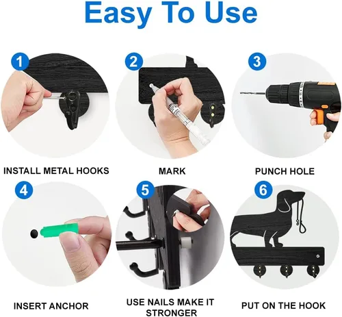 Vista 6 de MAYJOYDIY Perchero de pared de madera con 5 ganchos, diseño de ciervo de bosque negro, soporte para llaves y organizador para entrada, pasillo, sala
