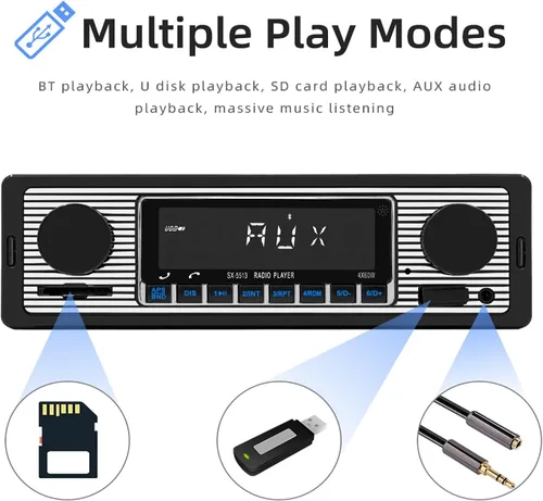 Vista 6 de Radio Clásica Single Din para Automóvil con Bluetooth, Receptor de Radio FM Estéreo para Automóvil, Llamadas Manos Libres, Control de Voz