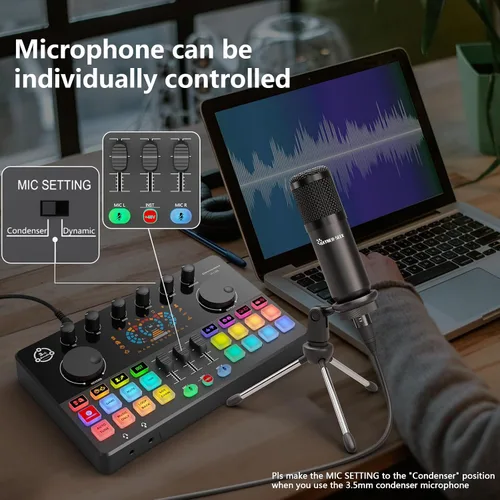 Vista 3 de Paquete de equipo de podcast, interfaz de audio RGB con micrófono de condensador de estudio de 0.138 in, soporte de trípode para PC, teléfono
