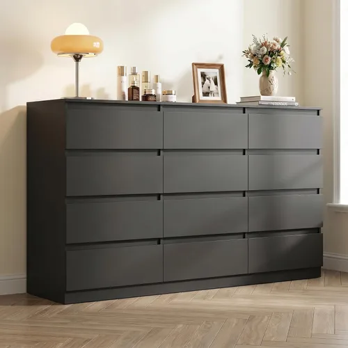 Vista 10 de Cómoda negra para dormitorio, cómoda moderna de 6 cajones con cajón profundo, cómoda ancha, muebles organizadores de almacenamiento para dormitorio