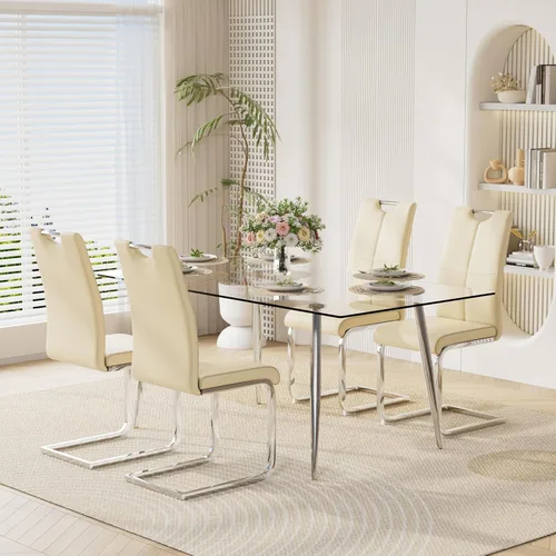 Vista 13 de Juego de mesa de comedor moderno de 51 pulgadas para 4 mesas rectangulares de cristal con 4 sillas tapizadas de cuero, asientos 4 ideales para Beige