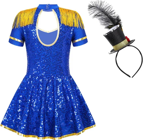 Vista 7 de MSemis Disfraz de Majorette de lentejuelas para niñas, con borlas, gorra de línea A, vestido de uniforme de maestro de anillos real