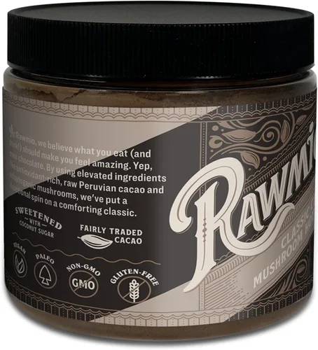 Vista 2 de Rawmio Chocolate caliente orgánico clásico con champiñones y cacao, vegano, kosher, bajo en grasa y sin gluten, paquete de 1, 8.5 onzas