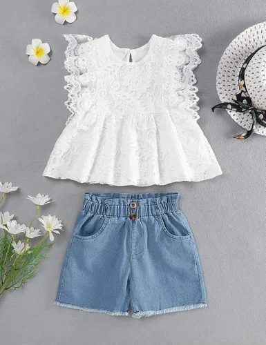 Vista 2 de SEYOUAG Ropa para niñas pequeñas, conjunto de pantalones cortos de algodón, casual, abrigo de mezclilla, 2 piezas