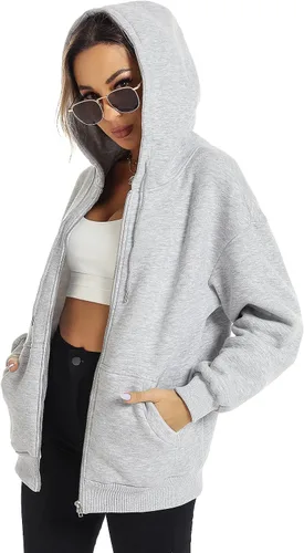 Vista 2 de ROYLAMP Sudaderas con capucha de gran tamaño con cremallera para mujer, sudaderas con capucha y bolsillos, para otoño e invierno