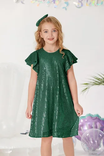 Vista 8 de GRACE KARIN Vestido de lentejuelas para niñas, manga corta, con vuelo, silueta acampanada, vestido midi con lazo para el pelo, 5-12 años