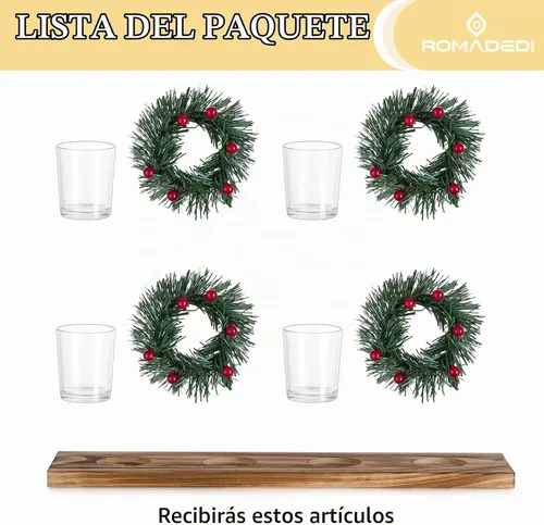 Vista 8 de Portavelas de Navidad para decoración de centro de mesa: Romadedi Rustic 4 portavelas con mini coronas de Navidad, bandeja de madera para Navidad