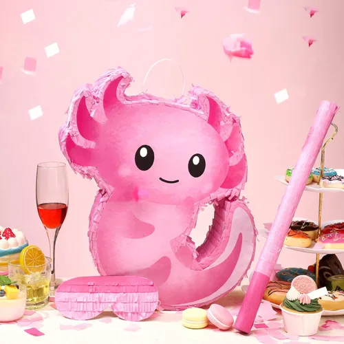 Vista 5 de Piñata de ajolote rosa para cumpleaños, fiesta de Navidad, piñata rosa con palo, confeti para Navidad, regalo de adultos, decoración de fiestas