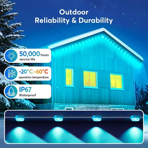 Vista 3 de Luces permanentes para exteriores Pro, luces LED RGB de 50 pies, IP67 impermeables con aplicación inteligente y control remoto, para Navidad