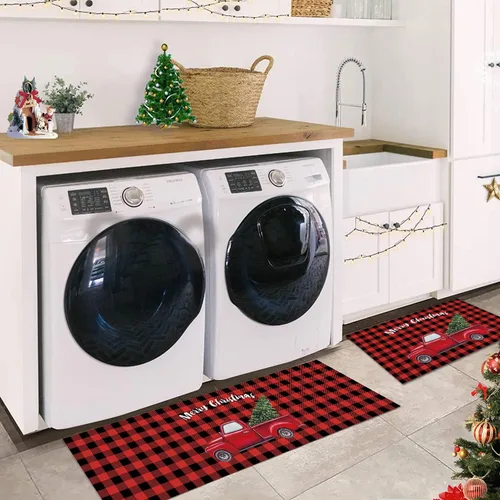 Vista 3 de Juego de alfombras y tapetes de cocina de Navidad, tapete de búfalo rojo a cuadros, antideslizante, tapete lavable para interiores