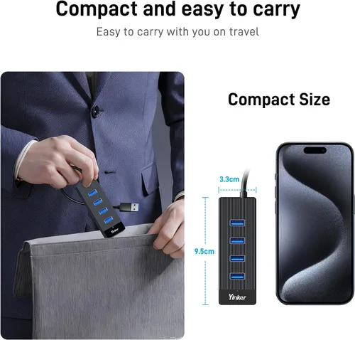 Vista 5 de Hub USB 4 puertos, múltiples concentradores USB 3.0, divisor USB-A para laptop con puerto de alimentación tipo C, extensor para un puerto portátil