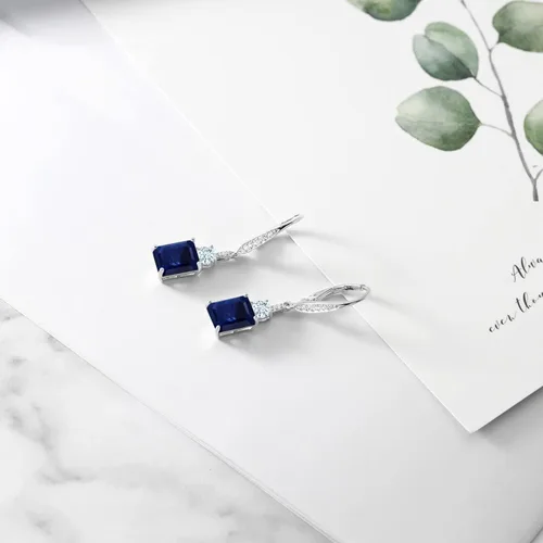 Vista 4 de Gem Stone King Aretes colgantes de plata de ley 925 con zafiro azul y aguamarina azul cielo para mujer