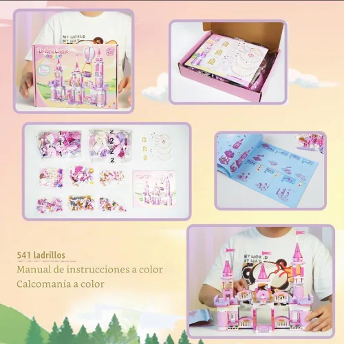 Vista 4 de Juguetes de bloques de construcción de castillo de princesa para niñas, 541 piezas, castillo multiforma, globo aerostático, juguetes para niñas