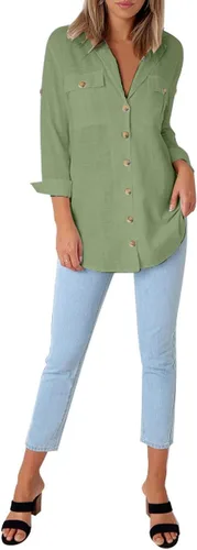 Vista 4 de Vetinee Blusa casual con botones para mujer, manga con puños, holgada, camiseta