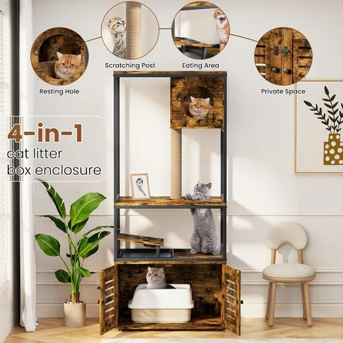 Vista 6 de Lamerge Árbol para gatos con caja de arena, caja de arena grande todo en 1, condominio para gatos con postes rascadores y cuenco de alimentación