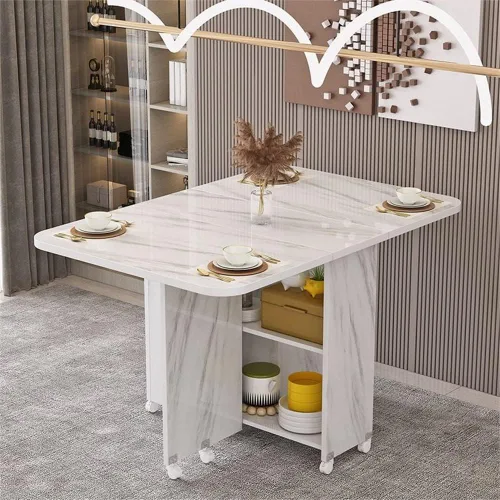 Vista 9 de LAKIQ Mesa de comedor plegable moderna con ruedas y estante de almacenamiento de 2 capas, mesa plegable de cocina rectangular con plomo para Beige