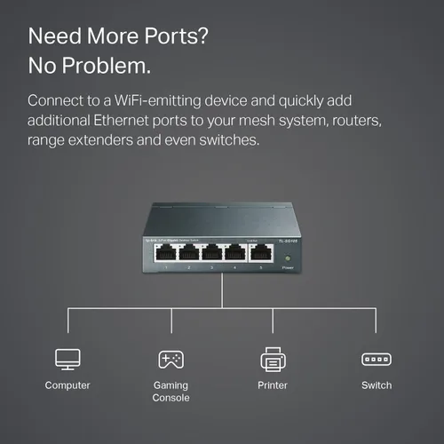 Vista 4 de TP-Link TL-SG105, conmutador Ethernet Gigabit no administrado de 5 puertos, concentrador de red, divisor Ethernet, Plug & Play, diseño de metal sin