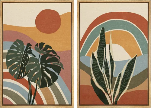 Vista 69 de SIGNFORD Lienzo enmarcado para pared, juego de arte geométrico retro de mediados de siglo, plantas forestales, ilustraciones con formas abstractas
