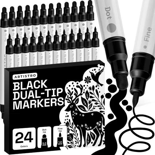 Vista 27 de ARTISTRO 5 marcadores negros de pintura acrílica de doble punta, juego de bolígrafos de pintura con puntos y puntas finas para tela, rocas, vidrio