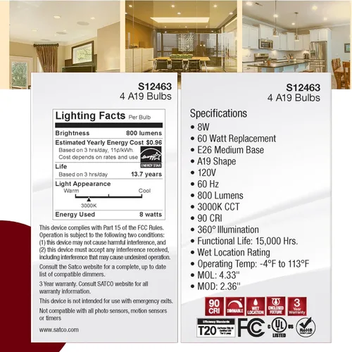 Vista 8 de Satco S12463 8A19/CL/LED/E26/930/4PK/120V (24 bombillas LED)