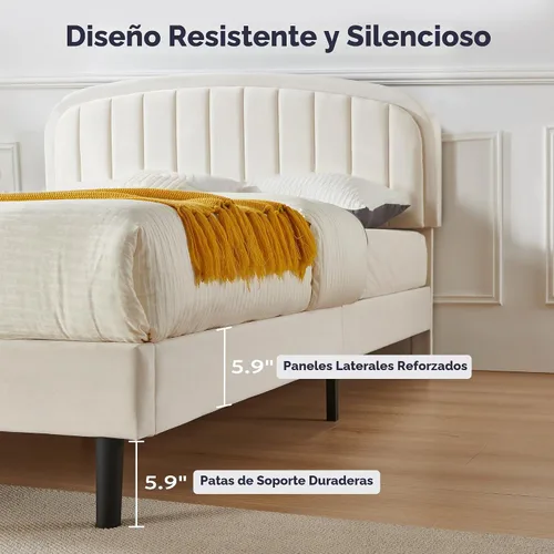 Vista 5 de Furnify Marco de cama individual, base de cama suave con esquinas redondeadas, base de cama tapizada de tela de terciopelo con cabecera redonda