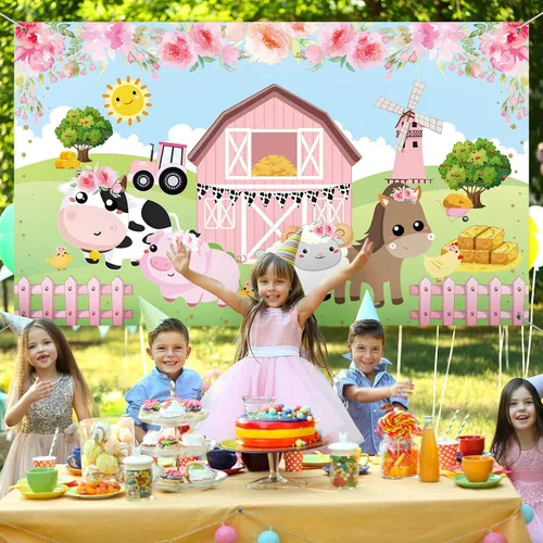 Vista 5 de Tatuo Pancarta de fondo de decoración de cumpleaños de granja rosa, tamaño grande, 3.6 x 6 pies, pancarta de fondo de animales de granero para baby