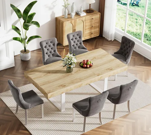 Vista 14 de Juego de mesa de comedor extensible marrón de 63 a 78.74 pulgadas para 4, juego de mesa de comedor de 5 piezas con 4 sillas tapizadas, mesa