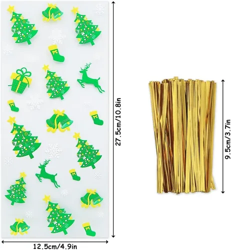 Vista 2 de Boerni 100 bolsas de celofán de Navidad, bolsas de plástico para violonchelo de Navidad con lazos giratorios para dulces, galletas, golosinas