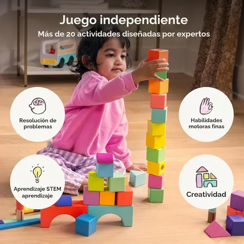 Vista 3 de LOVEVERY El Juego de Bloques Bloques de Construcción de Madera Maciza y Formas + Caja de Almacenamiento de Madera, 70 Piezas, 18 Colores, Más