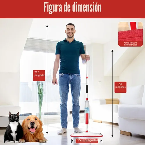 Vista 5 de Trapeadores para limpieza de suelos con rociador húmedo con botella recargable de 14 onzas y 2 almohadillas de microfibra lavables, uso doméstico
