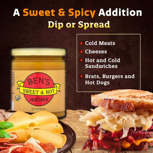 Vista 3 de Ben's Sweet & Hot Mostaza picante salsa de mostaza y mostaza amarilla para untar delicatessen, mostaza natural, dulce y caliente, 8 onzas