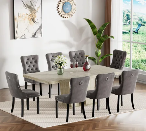 Vista 22 de Henf Juego de mesa de comedor extensible de 5 piezas para 4, 63"-79" Mesa de cocina grande extensible con 4 sillas negras acolchadas, Juego de mesa